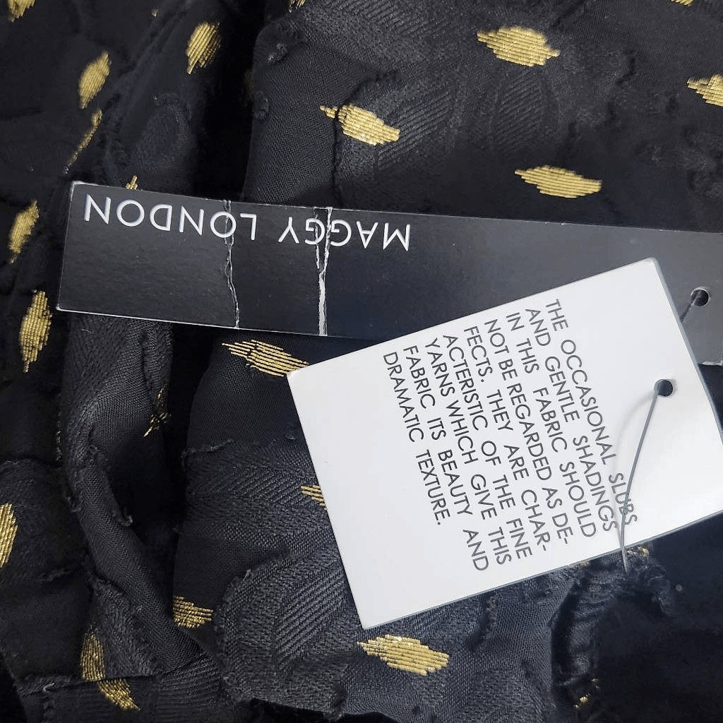 Maggy London Black and Gold Chiffon Dress NWT Size 0 Long Sleeve Metallic Gold