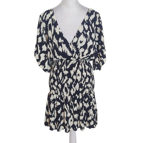 Macaron Black and Cream Print Blouson Mini Dress with Smocking Size Medium