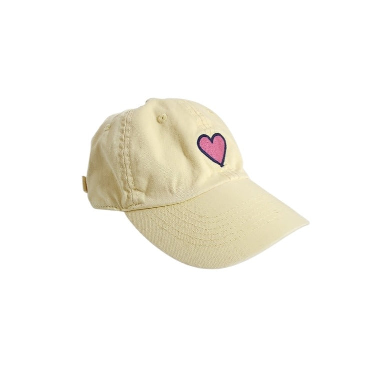 Life is Good Pastel Yellow Baseball Hat with Pink Heart Patch Adjustable