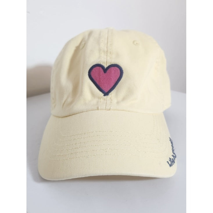 Life is Good Pastel Yellow Baseball Hat with Pink Heart Patch Adjustable