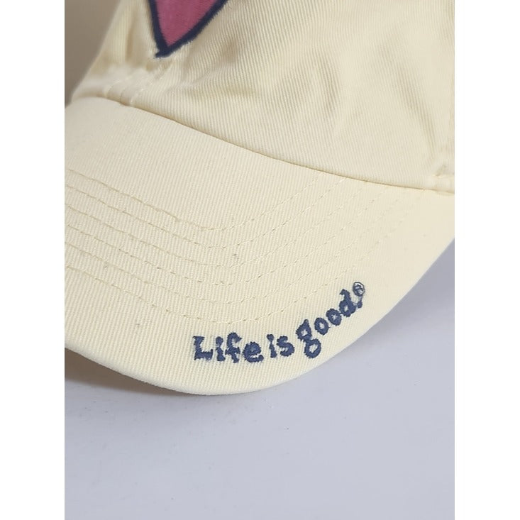 Life is Good Pastel Yellow Baseball Hat with Pink Heart Patch Adjustable