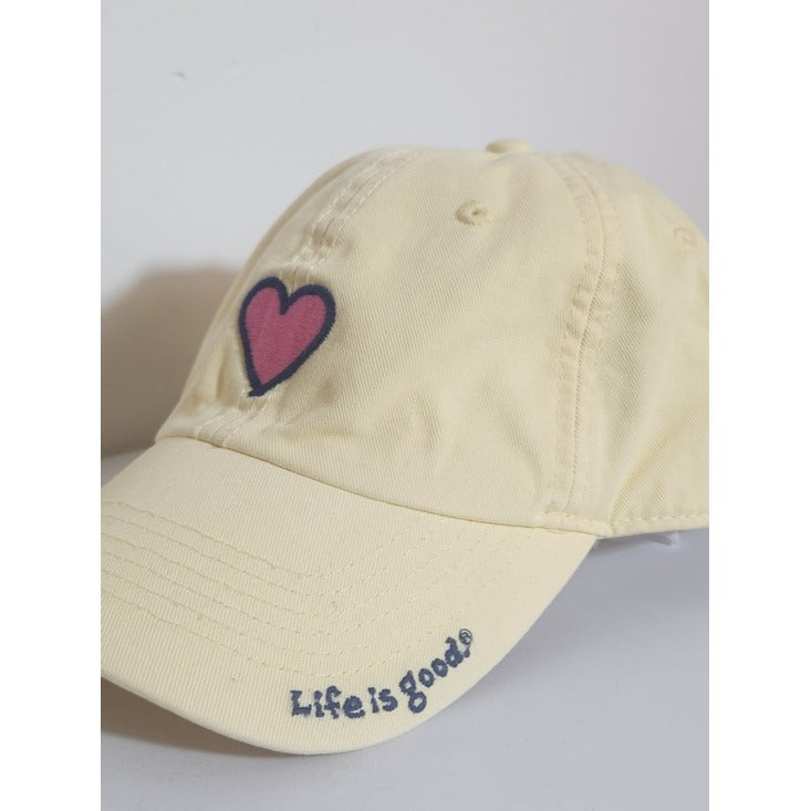 Life is Good Pastel Yellow Baseball Hat with Pink Heart Patch Adjustable