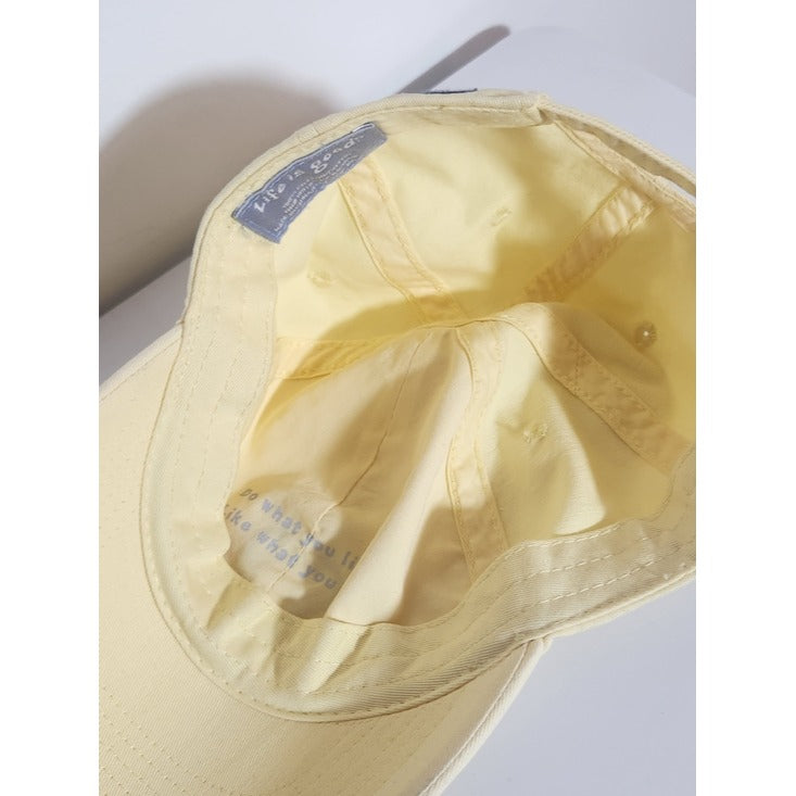 Life is Good Pastel Yellow Baseball Hat with Pink Heart Patch Adjustable