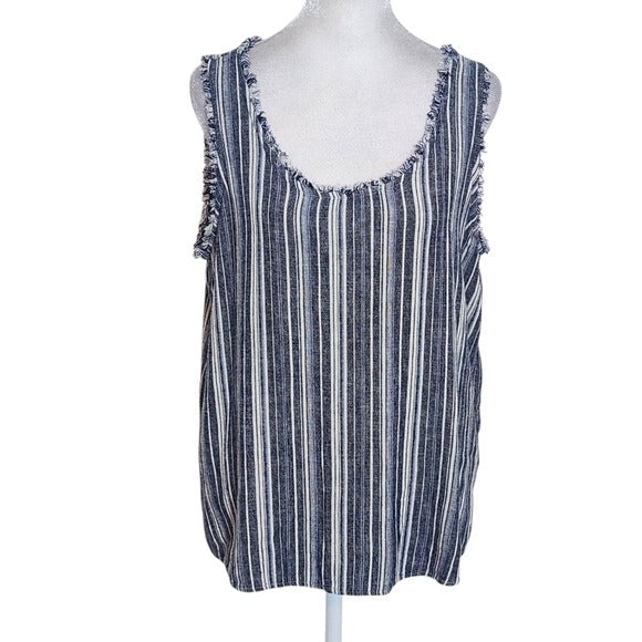 Caslon Navy and White Striped Tank Top Size Medium Linen Blend Tank
