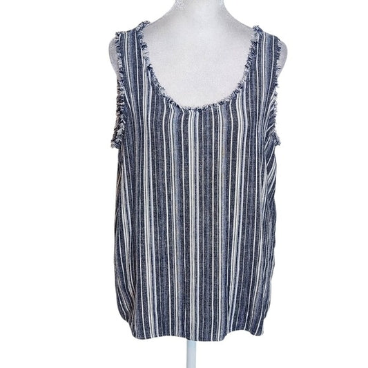 Caslon Navy and White Striped Tank Top Size Medium Linen Blend Tank