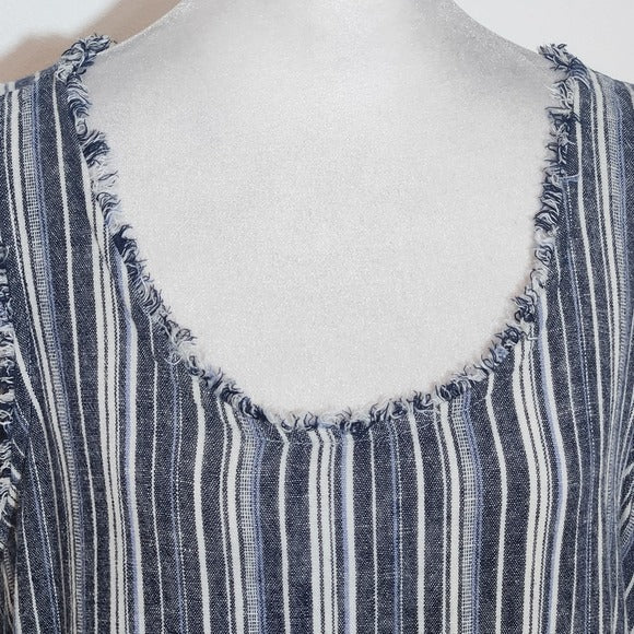 Caslon Navy and White Striped Tank Top Size Medium Linen Blend Tank