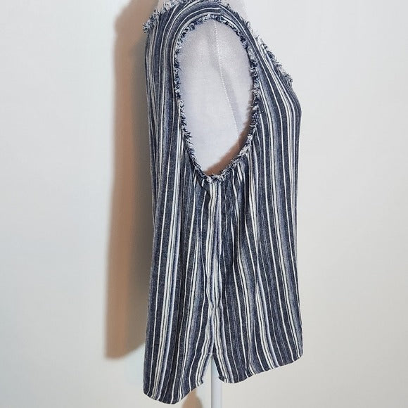 Caslon Navy and White Striped Tank Top Size Medium Linen Blend Tank