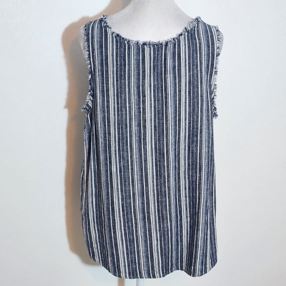 Caslon Navy and White Striped Tank Top Size Medium Linen Blend Tank