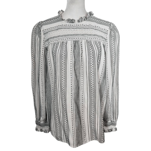 Loft Black and White Embroidered High Neck Blouse Size Medium Embroidered Top