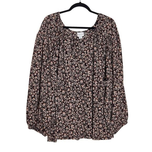 Ava & Viv Black and Brown Floral Blouse with Full Sleeves Size 4X