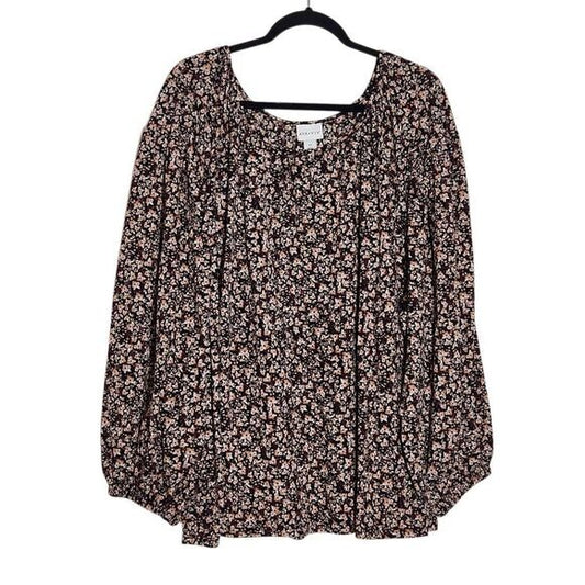 Ava & Viv Black and Brown Floral Blouse with Full Sleeves Size 4X