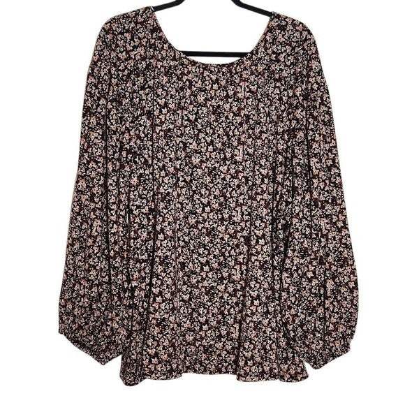Ava & Viv Black and Brown Floral Blouse with Full Sleeves Size 4X