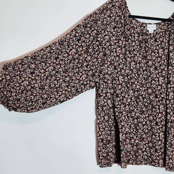 Ava & Viv Black and Brown Floral Blouse with Full Sleeves Size 4X
