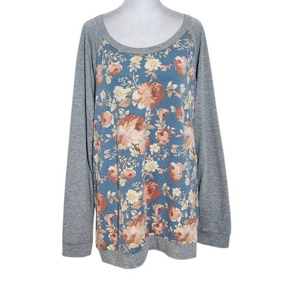 Andree by Unit Blue Floral Knit Top with Gray Raglan Sleeves Size 2X Floral Top