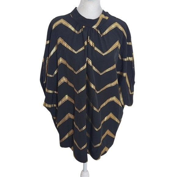 Shein Black and Gold Chevron Print Oversized Blouse NWOT Size Large