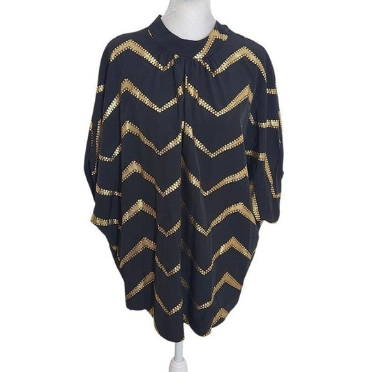 Shein Black and Gold Chevron Print Oversized Blouse NWOT Size Large