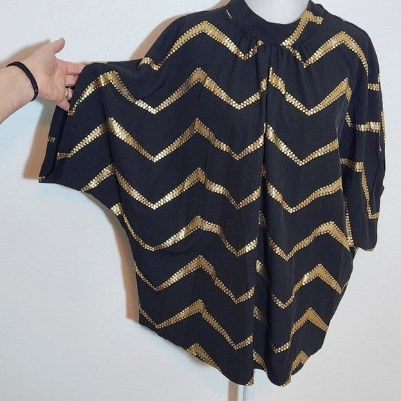 Shein Black and Gold Chevron Print Oversized Blouse NWOT Size Large