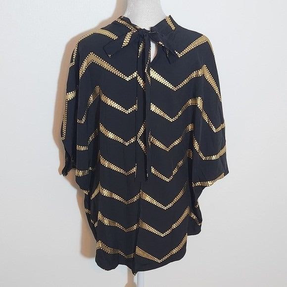 Shein Black and Gold Chevron Print Oversized Blouse NWOT Size Large