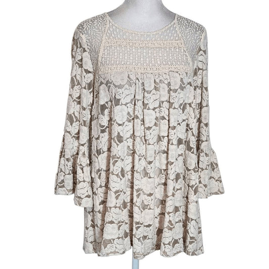 Ryu Taupe and Cream Lace Boho Blouse Size Medium Cream Lace Cottagecore Top