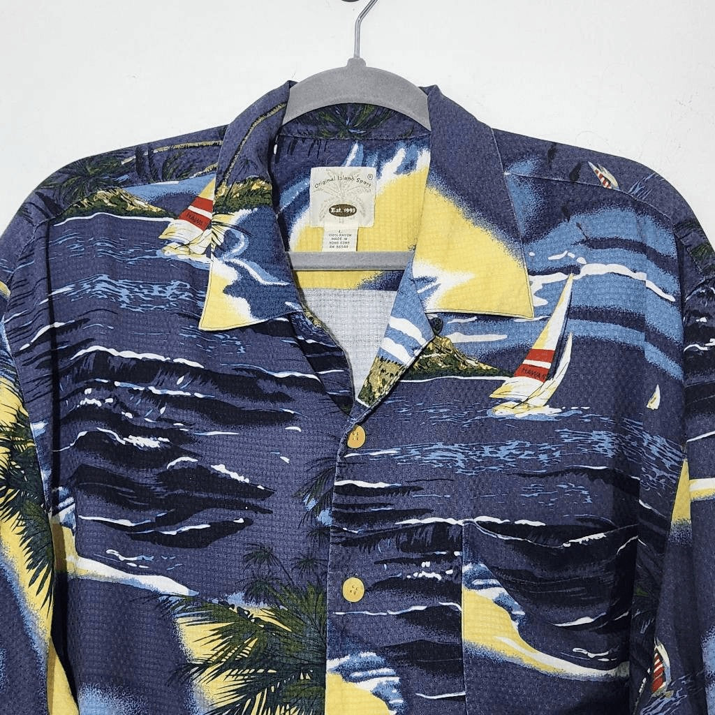 Original Island Sport Blue Hawaiian Shirt Size Large Sailboat Hawaiian Shirt