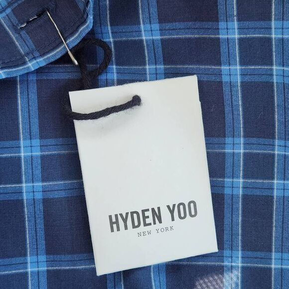 Hyden Yoo Blue Plaid Button Down Shirt Size Small Navy Plaid Shirt New