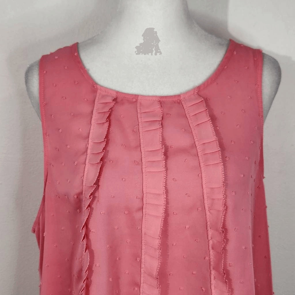 Elle Pink Swiss Dot Sleeveless Blouse Size Large Pink Semi-Sheer Ruffle Top