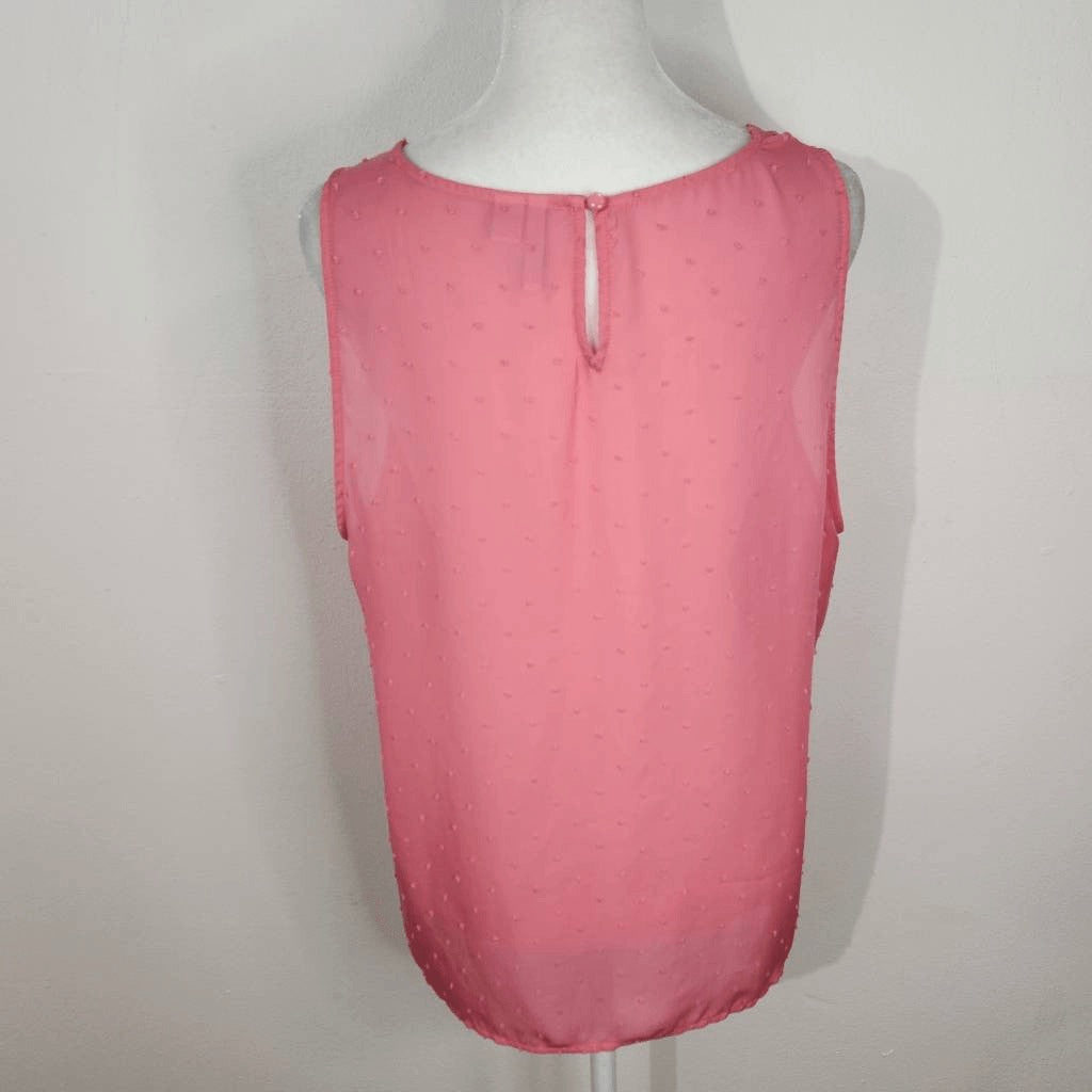Elle Pink Swiss Dot Sleeveless Blouse Size Large Pink Semi-Sheer Ruffle Top