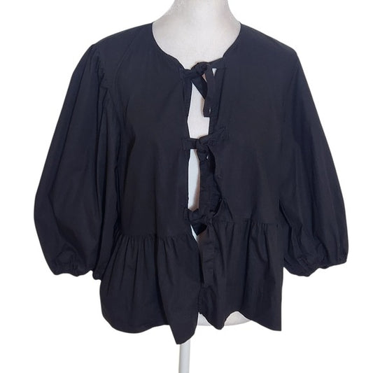 Black Tie-Front Puffy Sleeve Peplum Blouse Size Small
