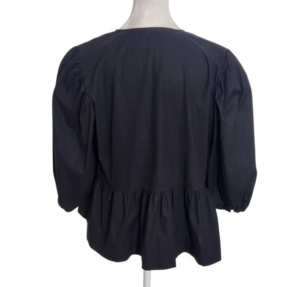 Black Tie-Front Puffy Sleeve Peplum Blouse Size Small
