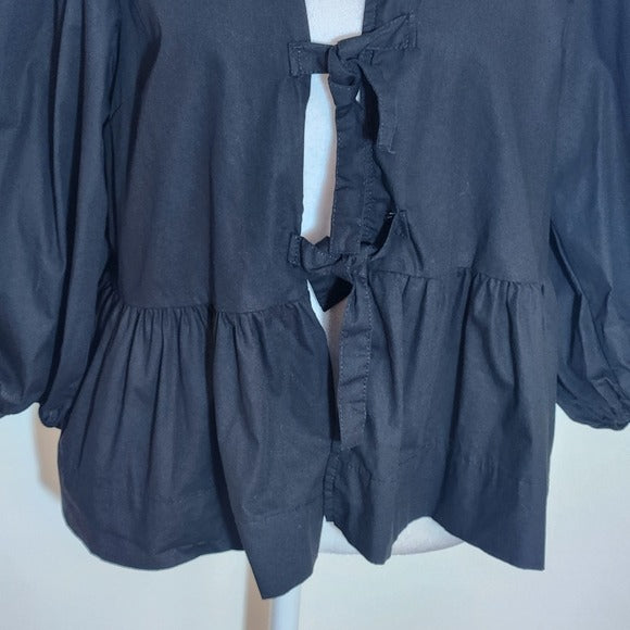 Black Tie-Front Puffy Sleeve Peplum Blouse Size Small