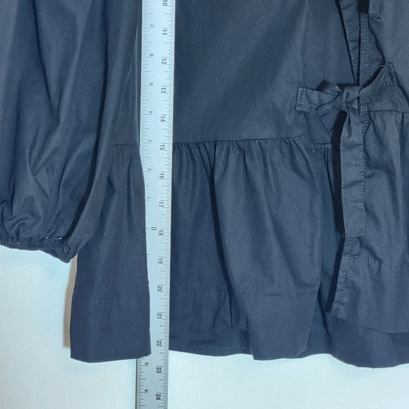 Black Tie-Front Puffy Sleeve Peplum Blouse Size Small