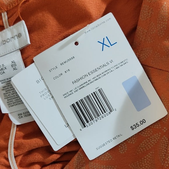 Liz Claiborne Orange Reversible Women's Top Size XL Orange and Gold Print Tee, New
