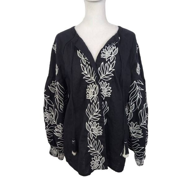 Chico's Black Linen Cardigan Size Small Black and White Embroidered Linen Top