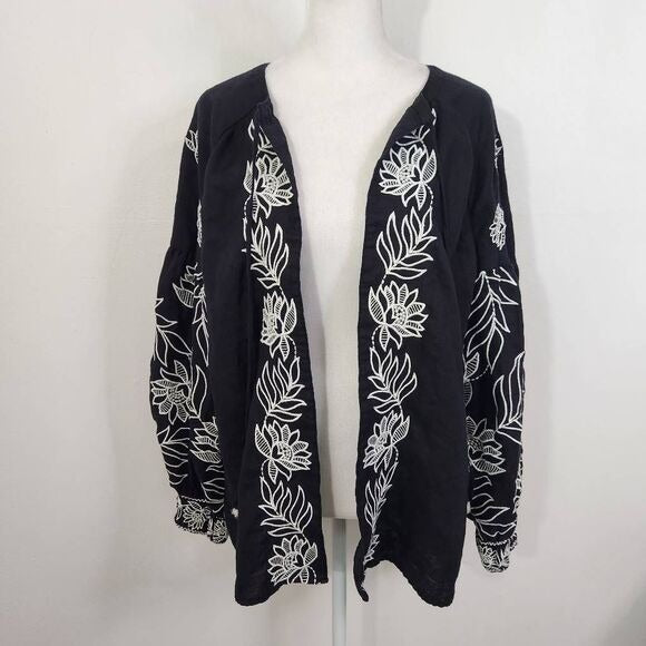 Chico's Black Linen Cardigan Size Small Black and White Embroidered Linen Top