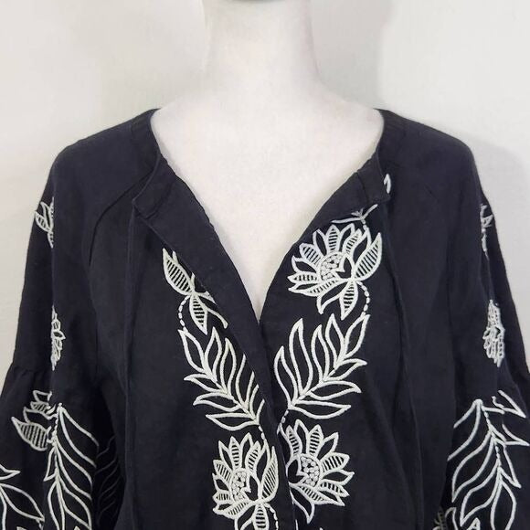 Chico's Black Linen Cardigan Size Small Black and White Embroidered Linen Top