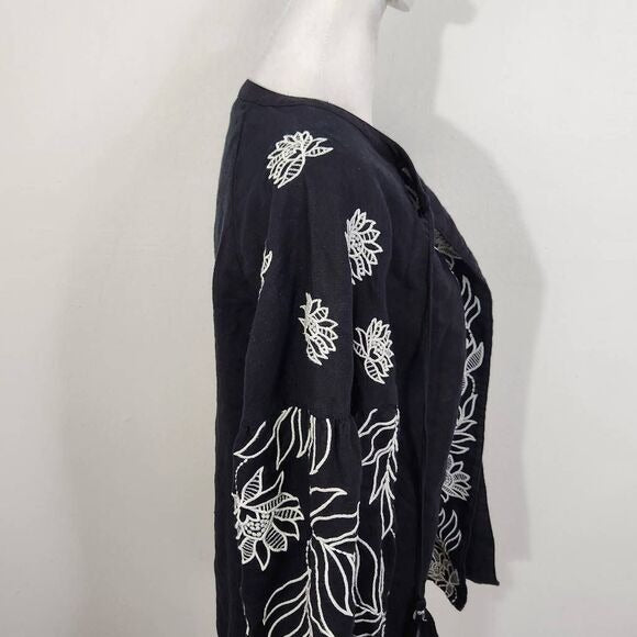 Chico's Black Linen Cardigan Size Small Black and White Embroidered Linen Top