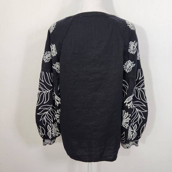 Chico's Black Linen Cardigan Size Small Black and White Embroidered Linen Top