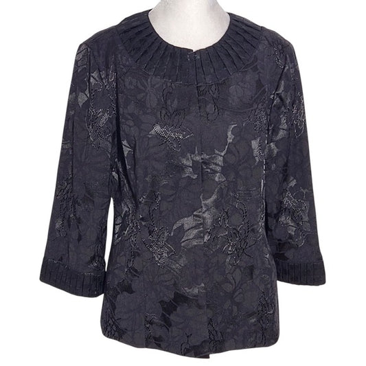 Chico's Black Floral Jacquard 3/4 Sleeve Blazer Size Medium Black Women's Blazer