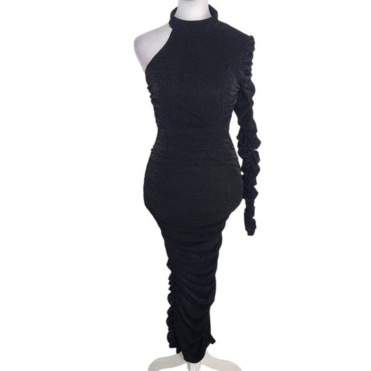 Privy Black One Shoulder Ruched Shimmer Midi Dress Size Medium