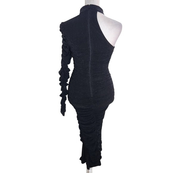Privy Black One Shoulder Ruched Shimmer Midi Dress Size Medium