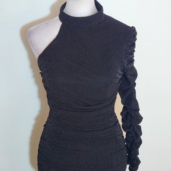 Privy Black One Shoulder Ruched Shimmer Midi Dress Size Medium