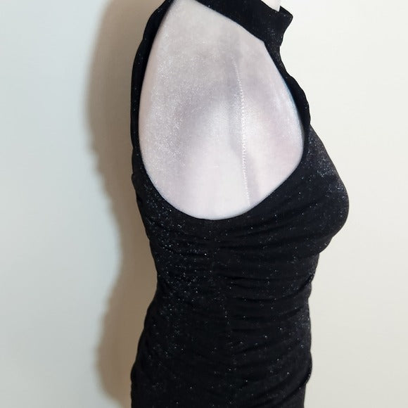 Privy Black One Shoulder Ruched Shimmer Midi Dress Size Medium