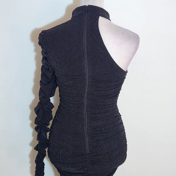 Privy Black One Shoulder Ruched Shimmer Midi Dress Size Medium