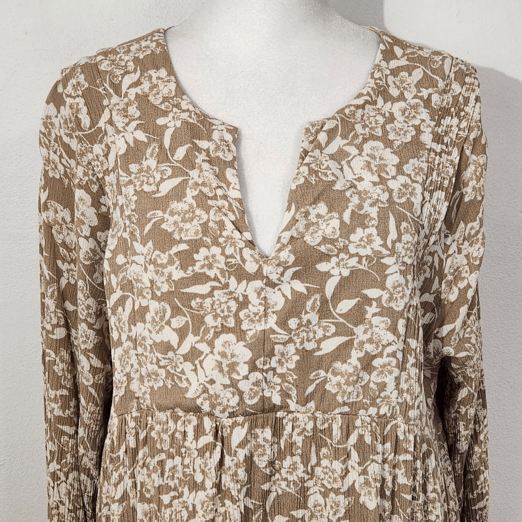 Gilli Tan Cream Floral Mini Babydoll Dress Size Large Wedding Guest Dress