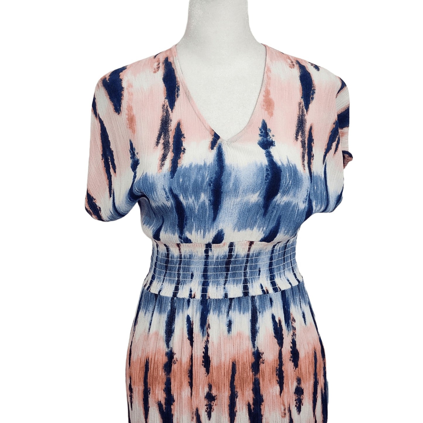 BeBop Powder Pink and Blue Smocked Midi Dress Size Small BeBop Boho Dress