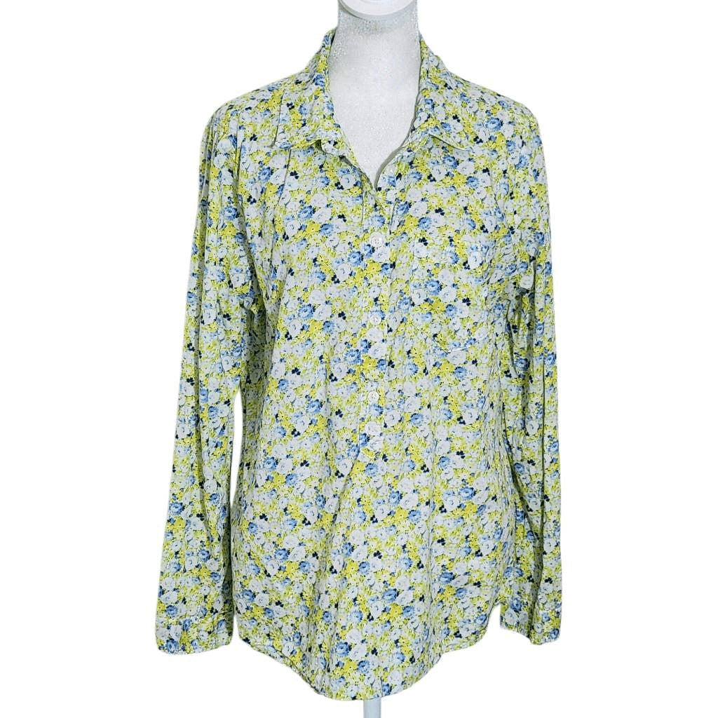 Liz Claiborne Floral Half Button-Down Shirt Size Medium Blue Floral Shirt