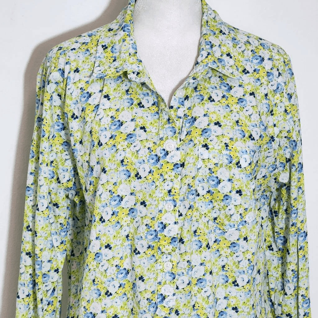 Liz Claiborne Floral Half Button-Down Shirt Size Medium Blue Floral Shirt