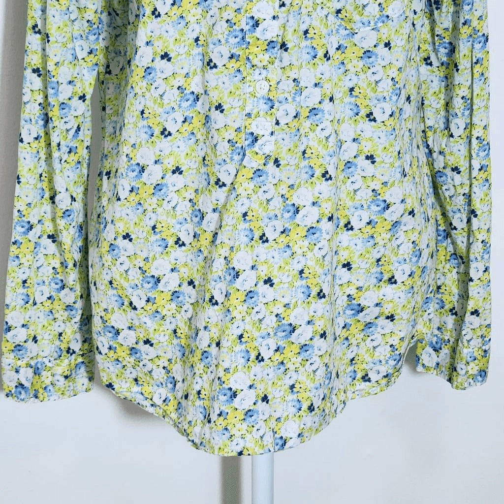 Liz Claiborne Floral Half Button-Down Shirt Size Medium Blue Floral Shirt