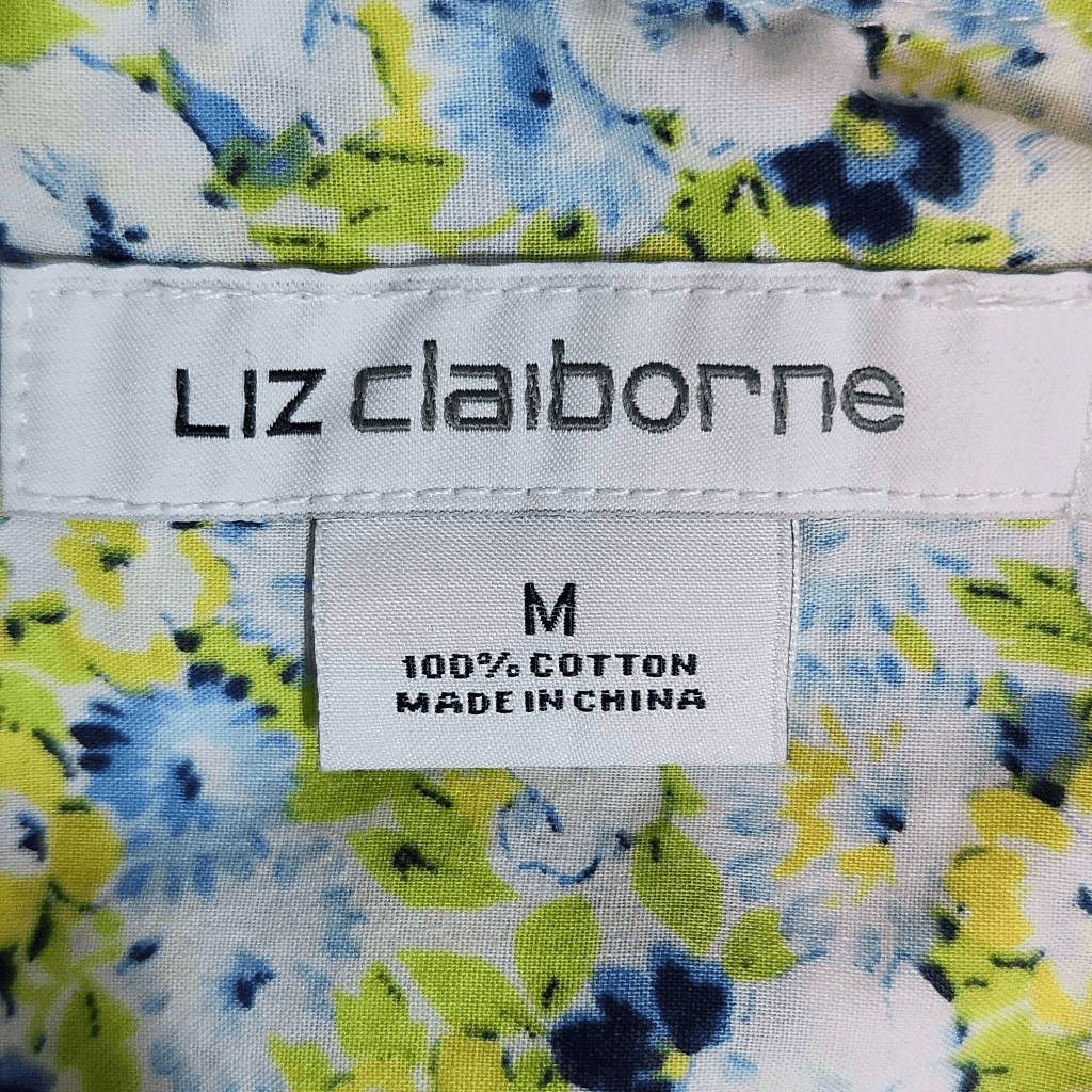 Liz Claiborne Floral Half Button-Down Shirt Size Medium Blue Floral Shirt