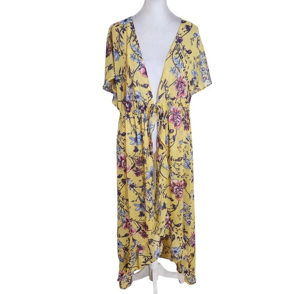 No Boundaries Sheer Yellow Floral Kimono with Tie Front Size XL 15-17